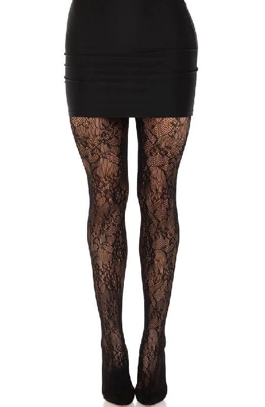 Women's Tights with RhinestonesBlack garden rose lace tights