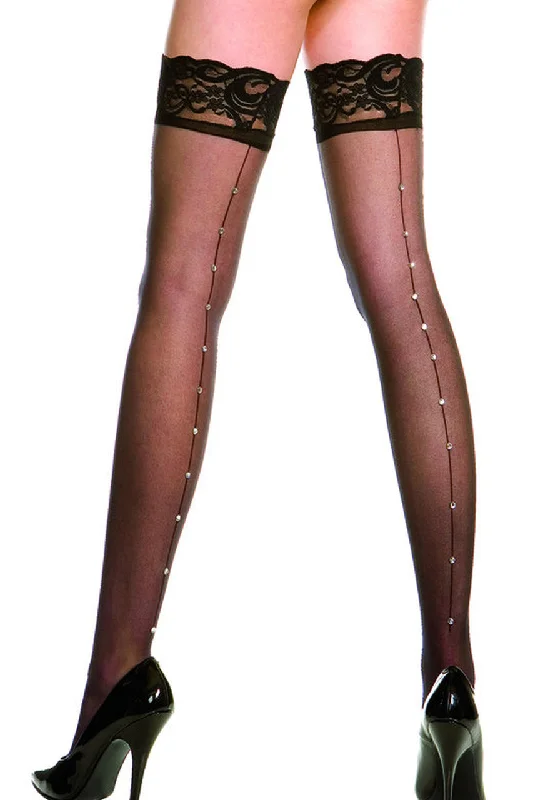 Women's Control Top TightsBlack Sheer Thigh High Stockings with Rhinestones