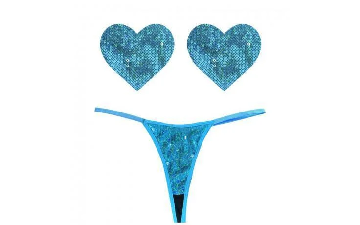 Minimalist Lingerie Styles for WomenMahi Mahi Blue Sequin G-String and Heart Pastie Set