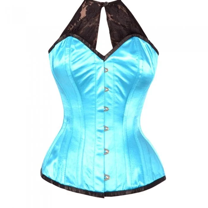 Breathable corsets for all - day wearKeziaah Turquoise Satin Corset with Lace Halterneck