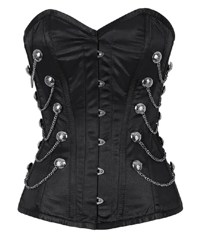 Vintage - style women's bustiers with lace and bowsLowndes Steel Boned Overbust Black Corset with Chains