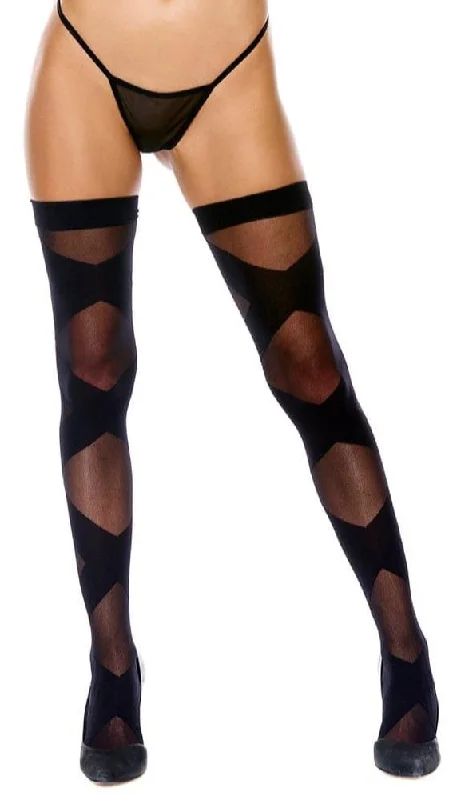 Women's Satin TightsSheer Black Opaque Bondage Pattern Thigh High Stockings