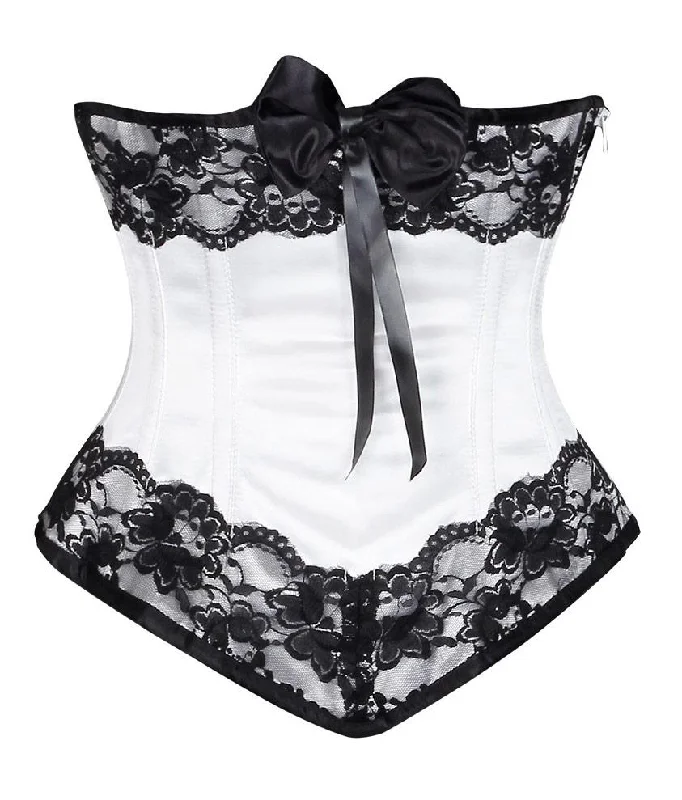 Bohemian - style corsets with tassels and embroideryCambriee White Satin Underbust Corset With Black Lace & Bow