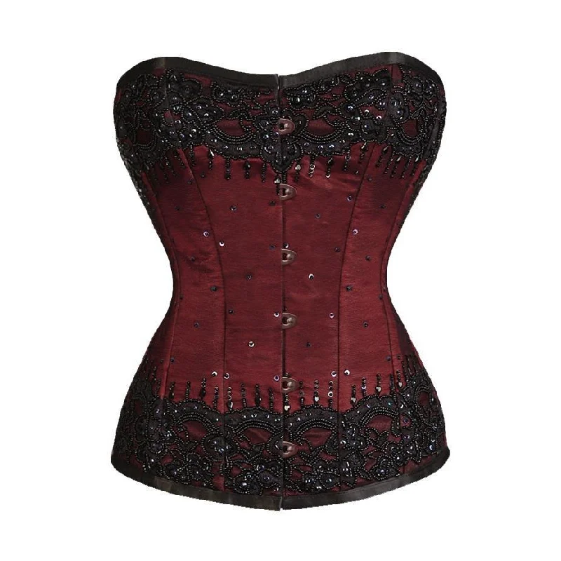 Striped corsets for a preppy and nautical vibeCaritta Maroon Satin Overbust Couture Corset