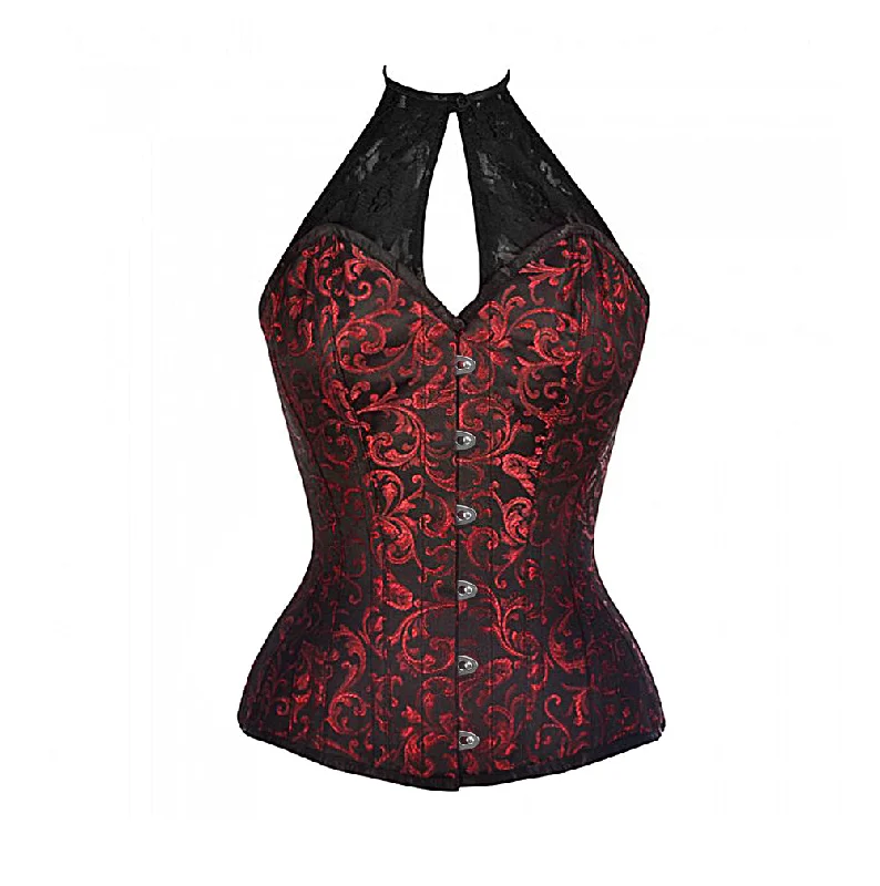 Velvet bustiers for a soft and plush feelTino Red Brocade Corset With Lace Halterneck