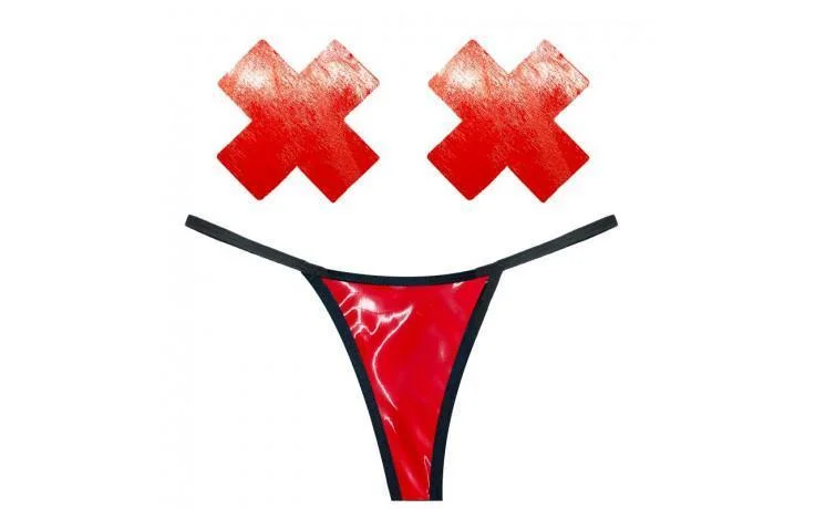 Women's Lingerie for HoneymoonsVixen Red Wet Vinyl Pastie and G-String Set