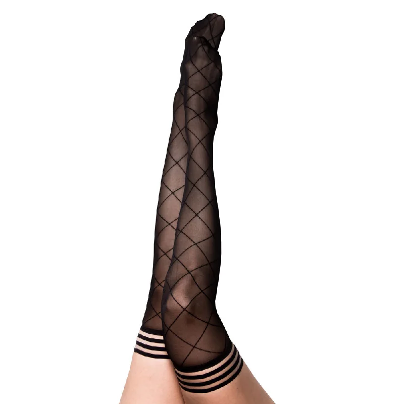 Sheer Tights for WomenKixies ANNA Sheer Black Diamond Thigh Highs - Black - Size B