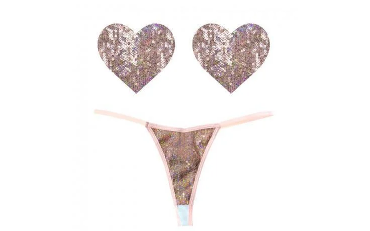 Lingerie with Adjustable Straps for WomenBubbly Feels Nude Sequin Pantie and Heart Pastie Set