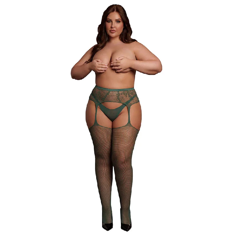 Full Coverage Lingerie for WomenLe Désir Green Fishnet & Lace Garter Belt Combo XL