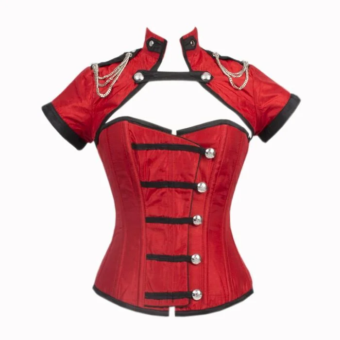 Vintage - style women's bustiers with lace and bowsEric Red Corset With Button Down Placket And Jacket