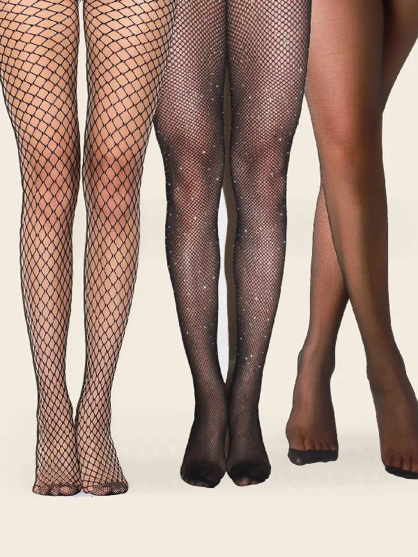 Tights with Back Seam for Women3pairs Rhinestone Decor Fishnet Mesh Tights