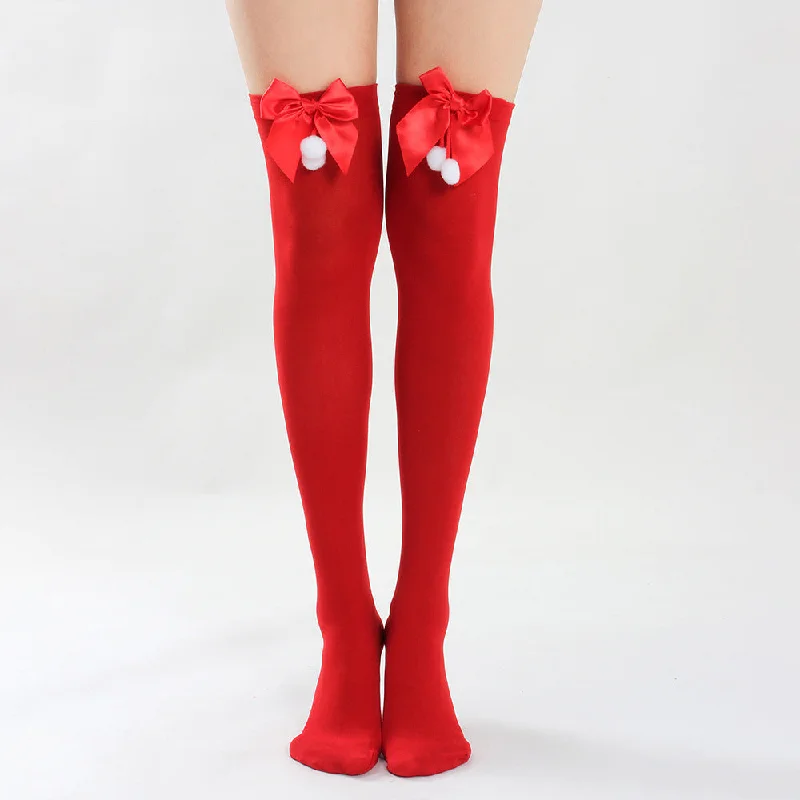 Women's Tights for Evening WearRed Opaque Thigh High Stocking with Bowknot for Christmas