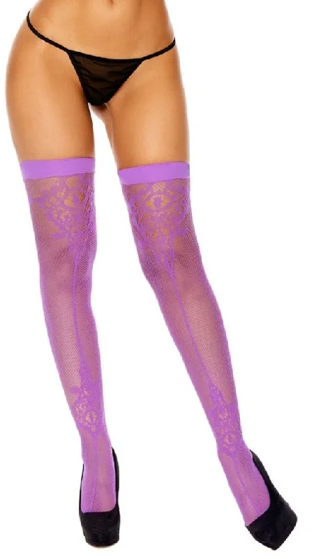 Tights for Dance PerformancesPurple Fishnet Thigh High Stockings with Lace Pattern