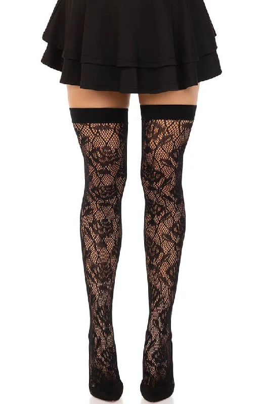 Women's Tights with Heart PrintsBlack wild rose lace thigh highs