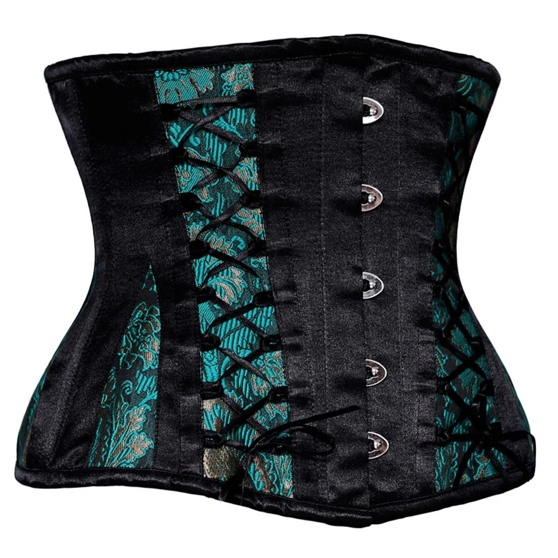 Modern - design corsets with a minimalist aestheticHidden Treasures Damask Lace Up Underbust in Teal & Black