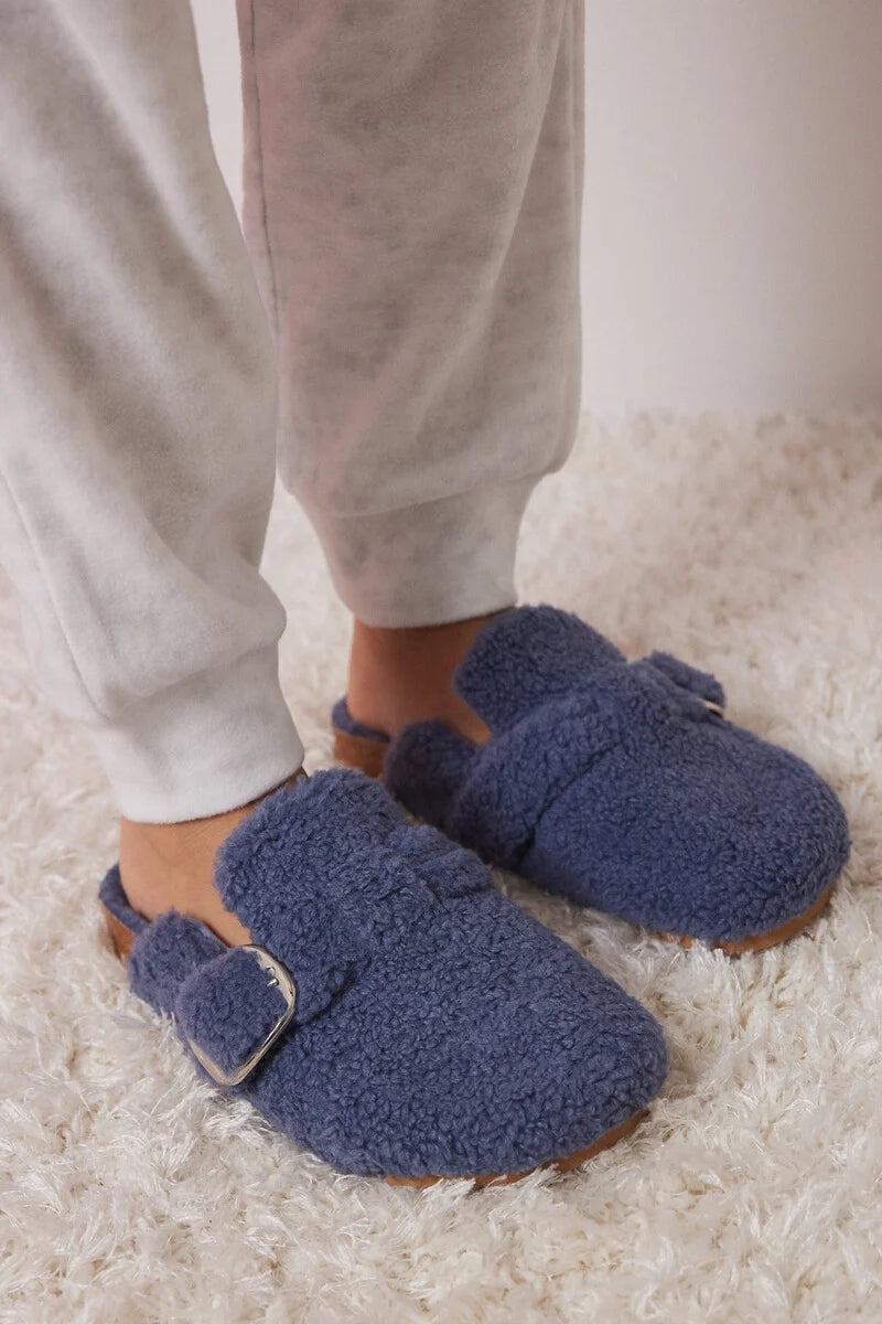 Women's striped brasBlue sheepskin faux shearling slippers