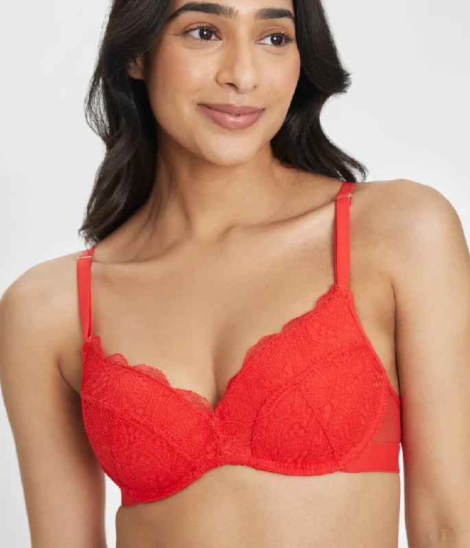 Women's balconette bras with lace trimThe Lace No-Wire Push-Up: Tomato Red