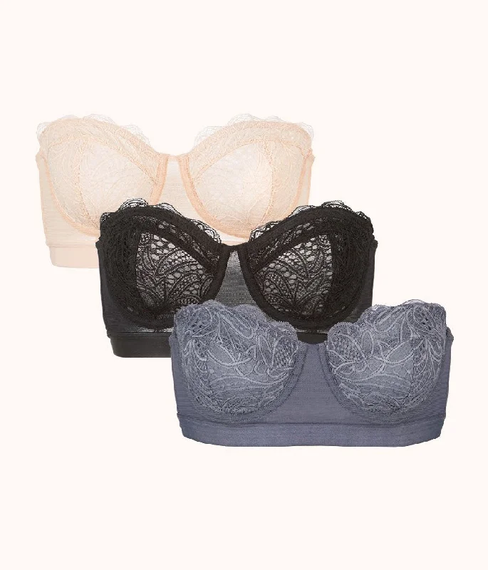 Women's Panache bras for larger bustsThe Lace Strapless Bra Trio: Smoke/Jet Black/Toasted Almond