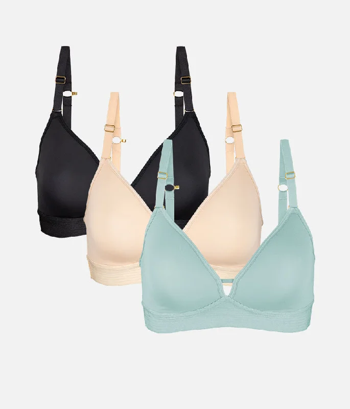 Women's striped brasThe Spacer Bra Trio: Jet Black/Toasted Almond/Jade Green