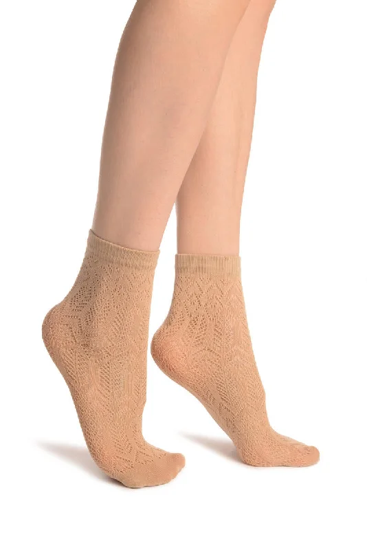 Women's cashmere - blend socks for extra softnessBeige Geometrical Crochet Lace Ankle High Socks