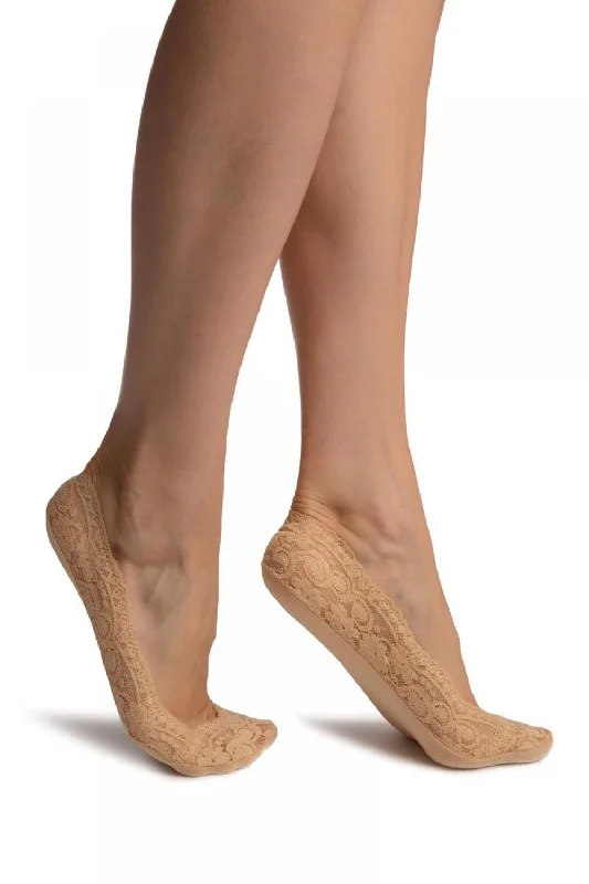 Women's bamboo fiber socks for eco - friendlinessBeige Stretchy Lace With Silicon Inner Stripe & Bottom Footies