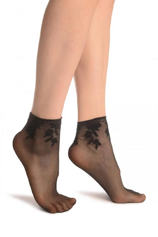 Women's knee - high socks with lace trimBlack Chrysanthemum Flowers With Comfortable Top Ankle High Sock