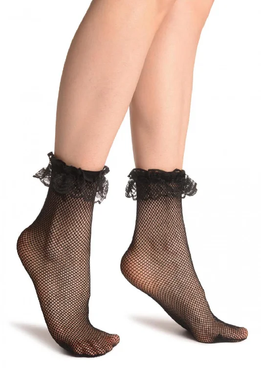 Women's nylon - reinforced socks for durabilityBlack Fishnet With Lace Ruffles Ankle High Socks