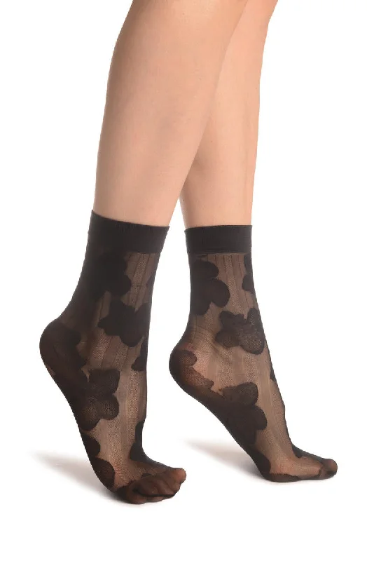 Women's ribbed knee - high socks for a classic lookBlack Flower & Stripes Ankle High Socks