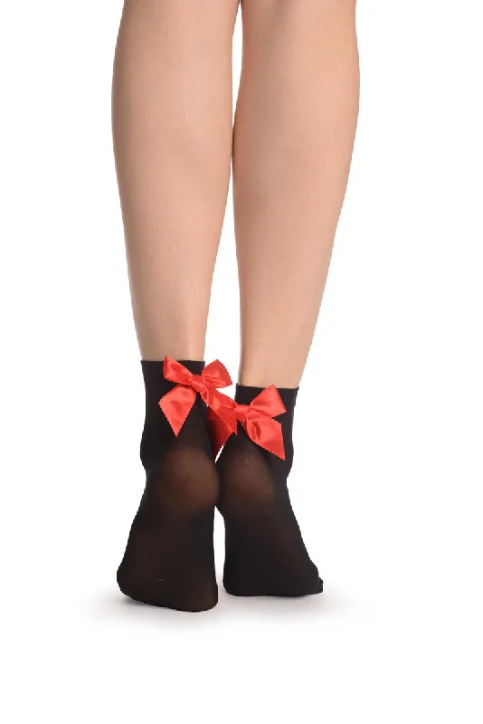 Women's anti - odor socks for long - day freshnessBlack Opaque With Red Satin Bow Ankle High Socks 60 Den