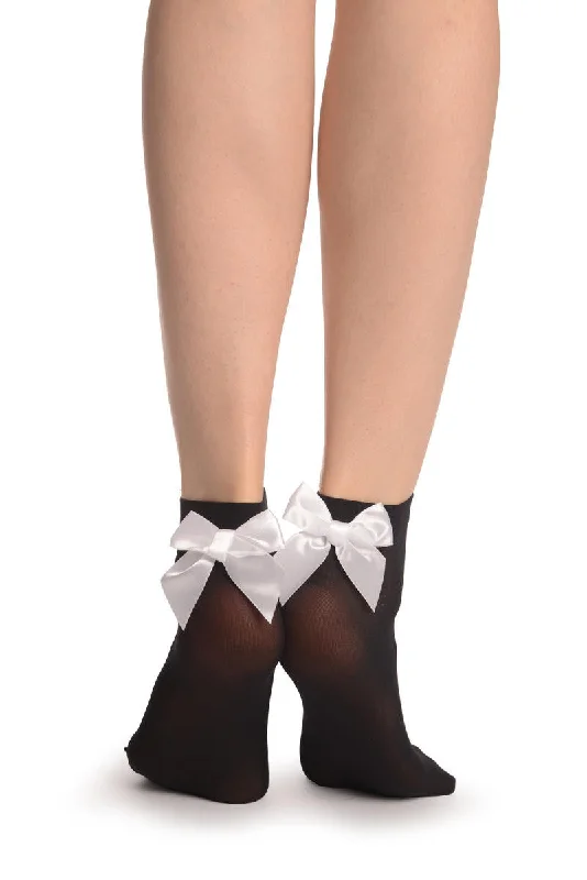 Women's non - slip socks for safetyBlack Opaque With White Satin Bow Ankle High Socks 60 Den