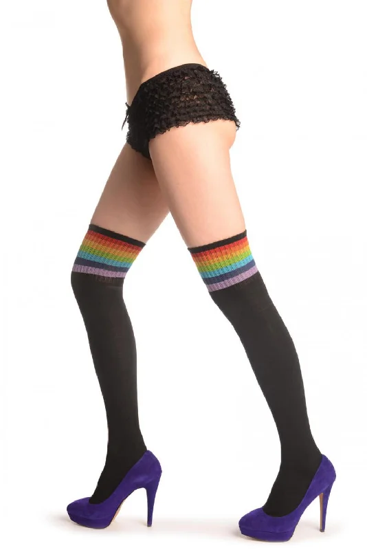 Women's knee - high socks with lace trimBlack Thick Cotton With Rainbow Strips Top