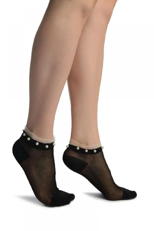 Women's nylon - reinforced socks for durabilityBlack With Black Lurex, Pearls & Frills Top Footsies Socks