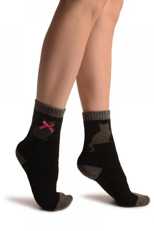 Women's knee - high socks with lace trimBlack With Cute Cat & Satin Bow Angora Ankle High Socks