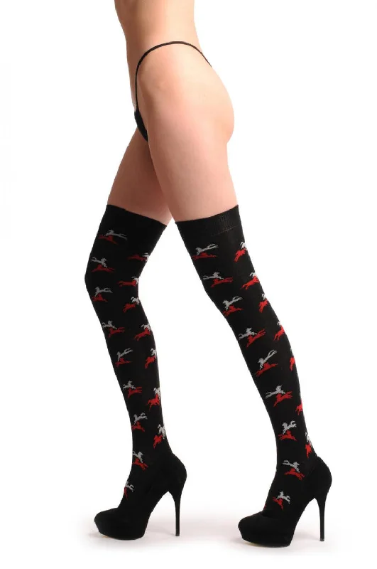 Women's knee - high socks with lace trimBlack With Grey & Red Playing Horses