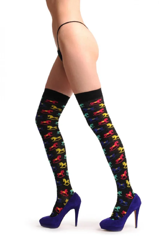 Women's leather - look socks for an edgy styleBlack With Red Blue Yellow & Green Ponies