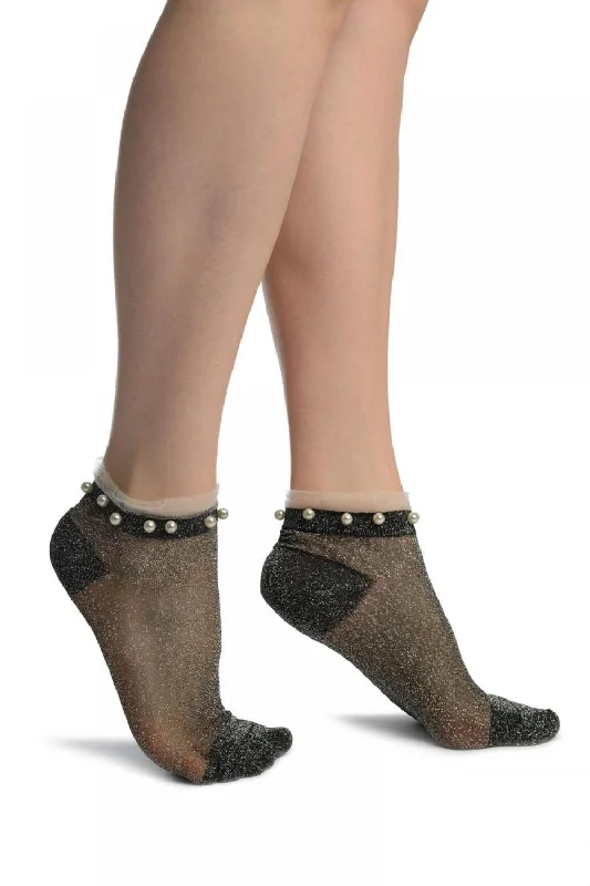 Women's argyle - patterned thigh - high socksBlack With Silver Lurex, Pearls & Frills Top Footsies Socks