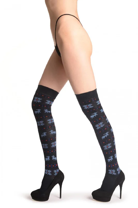 Women's anti - odor socks for long - day freshnessBlue Fairisle & Reindeers On Dark Blue