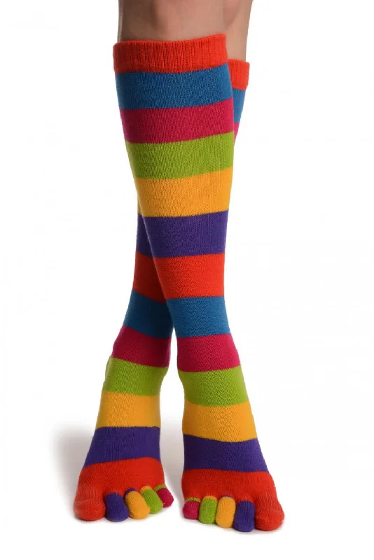 Women's spandex - infused socks for stretchBright Rainbow Stripes Knee High Toe Socks