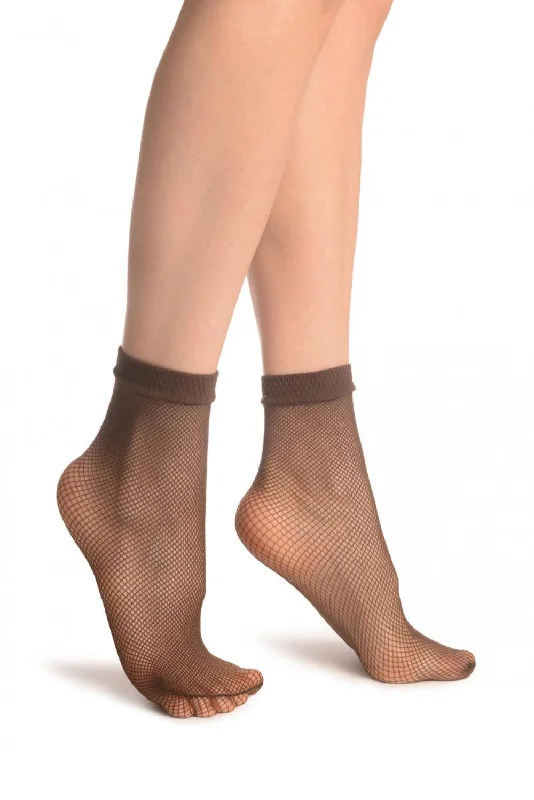 Women's ankle socks with a frilly edgeBrown Fishnet Ankle High Socks