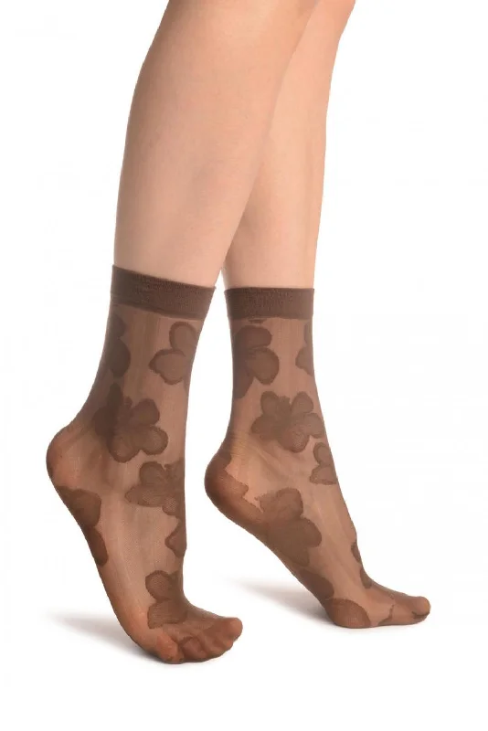 Women's hypoallergenic socks for sensitive skinBrown Flower & Stripes Ankle High Socks