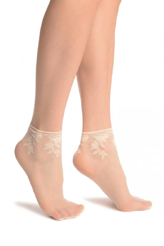 Women's cushioned sole socks for shock absorptionCream Chrysanthemum Flowers With Comfortable Top Ankle High Sock