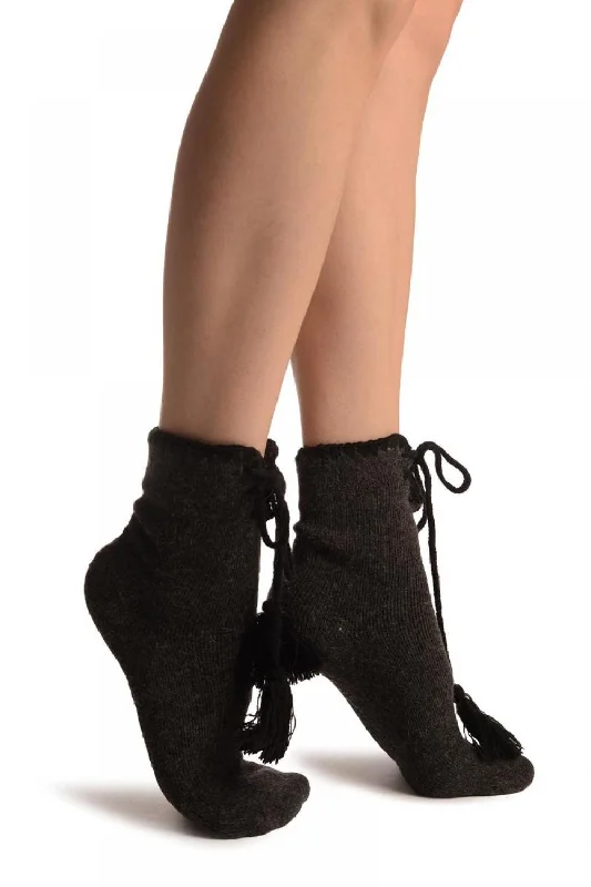 Women's leather - look socks for an edgy styleDark Grey Lace Up With Silicon Grip Angora Ankle High Socks