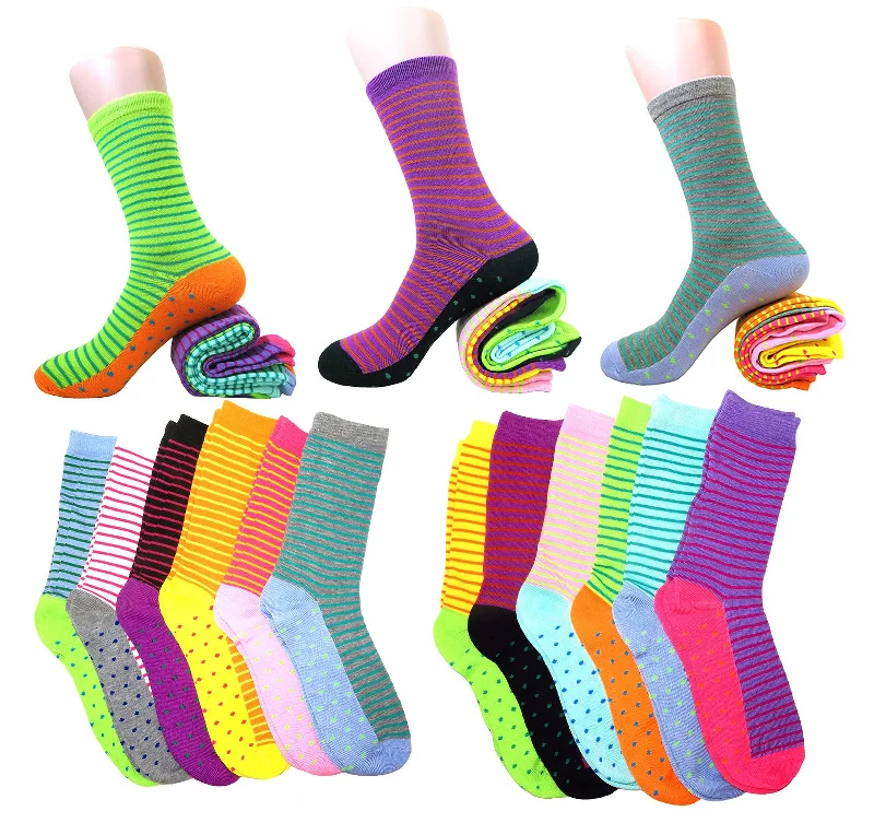 Women's thermal socks for cold weatherFun & Colorful Two Tone Stripes & Dotes Assorted 12 Pack Crew Socks