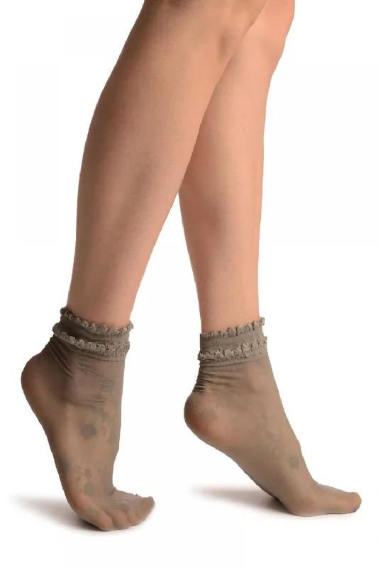 Women's non - slip socks for safetyGrey With Roses And Silky Comfort Top Ankle High Socks