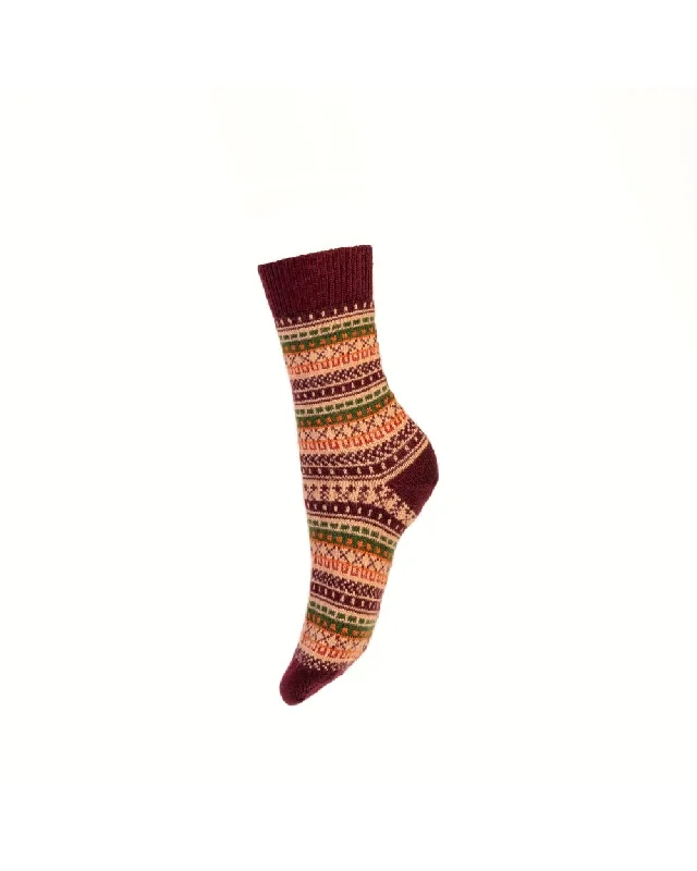 Women's over - the - calf socks with a stripe designLadies Fair Isle Short Socks - Mulberry