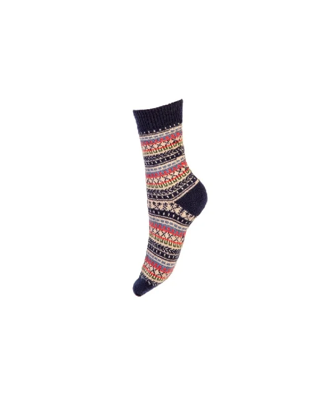 Women's cable - knit ankle socks for a cozy styleLadies Fair Isle Short Socks - Navy