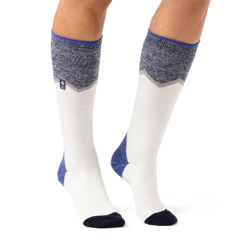 Women's thigh - high socks in a fishnet patternLadies Ultra Lite Long Ski & Snow Sports Socks - Cream & Blue Zig Zag