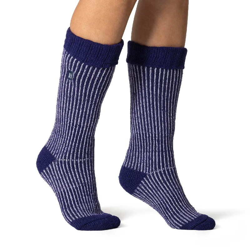 Women's thermal socks for cold weatherLadies Original Begonia Long Boot Socks With Turnover Top - Navy & Wisteria