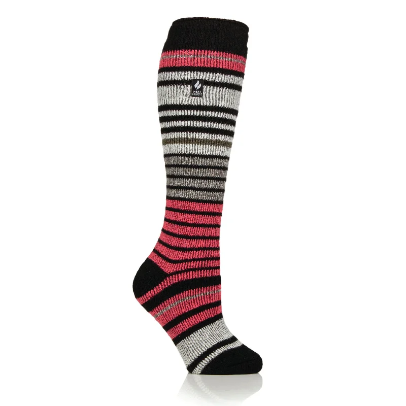 Women's no - show socks with a floral motifLadies Original Long Ski & Snow Sports Fine Stripe Socks - Black & Coral Pink