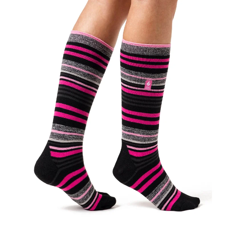 Women's leather - look socks for an edgy styleLadies Ultra Lite Long Ski & Snow Sports Socks - Black & Pink Stripe